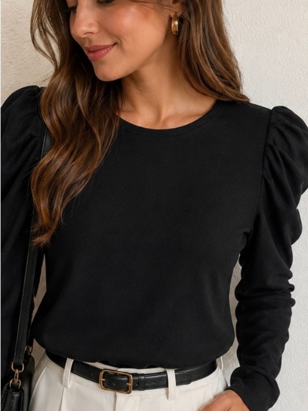 Nine West Black Short Sleeve Puff Shoulder Top